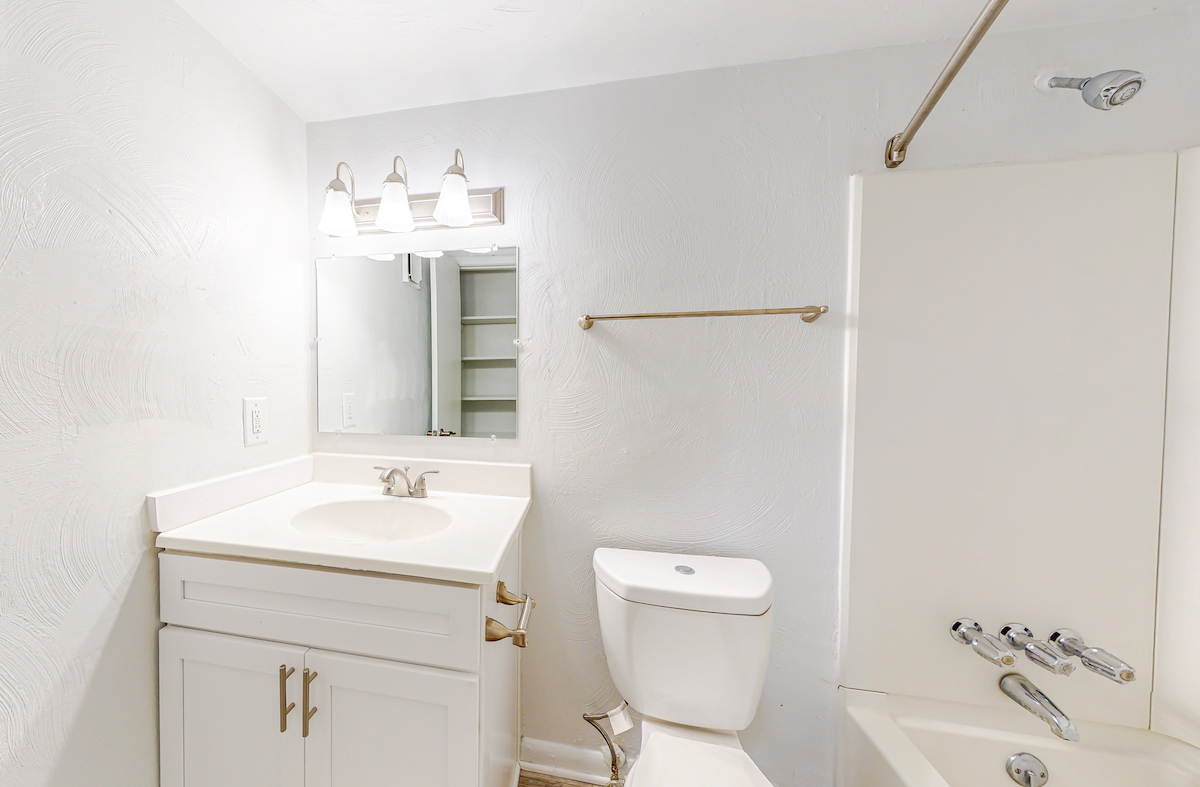 Bathroom with white vanity and full-sized shower